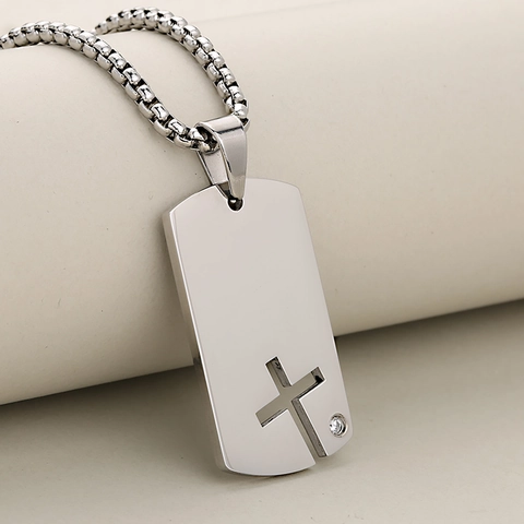Punk Stainless Steel Cutout Cross Dog Tag Pendant Necklace With Zirconia For Men Hip Hop Personality Jewelry Gold Silver Black