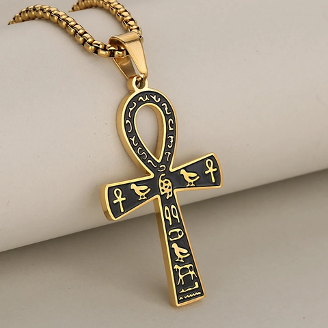 Vintage Ancient Egyptian Ankh Cross Pendant Necklace Stainless Steel Hieroglyphic Engraving Hip Hop Jewelry For Men Women