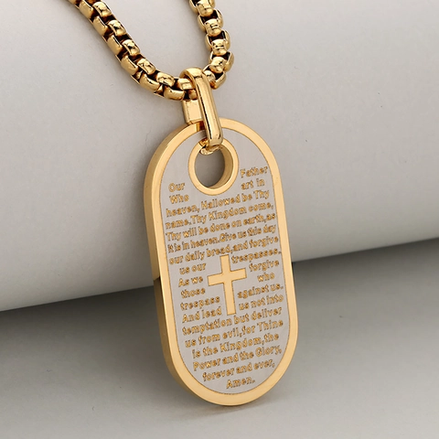 Stainless Steel Lord's Prayer Cross Dog Tag Pendant Necklace Religious Hiphop Jewelry For Men Women Daily Wear Accessory