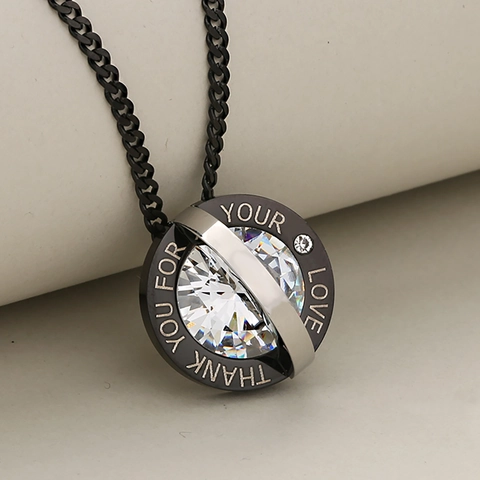 Fashion Stainless Steel Round Zirconia Pendant Necklace For Men Women Engraved Love Letter Jewelry Couple Gift Black Silver