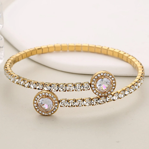 Mode Roestvrij Staal Zirkonia Ingelegd Dubbele Rij Open Manchet Armband Luxe Ronde Strass Armband Voor Vrouwen Sieraden Cadeau