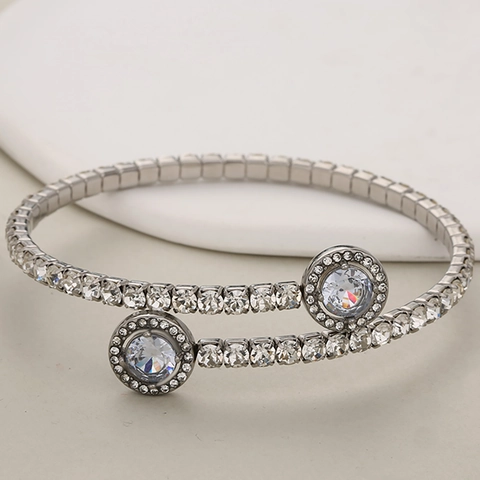 Mode Roestvrij Staal Zirkonia Ingelegd Dubbele Rij Open Manchet Armband Luxe Ronde Strass Armband Voor Vrouwen Sieraden Cadeau