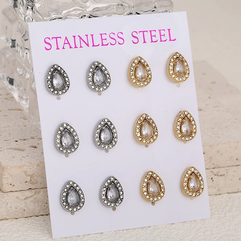 Stainless Steel Water Drop Stud Earrings With Pear Shaped Rhinestone Halo Design For Women Gold Silver Tone Earring Set Jewelry