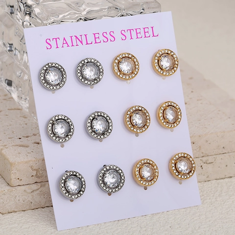 Boucles d'Oreilles Clous en Acier Inoxydable Rond Zircone Cubique Or Argent Halo Strass Bijoux pour Femmes