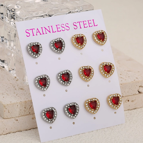 Lot de 6 Paires de Boucles d'Oreilles Clous en Forme de Cœur en Acier Inoxydable pour Femmes avec Zircone et Strass
