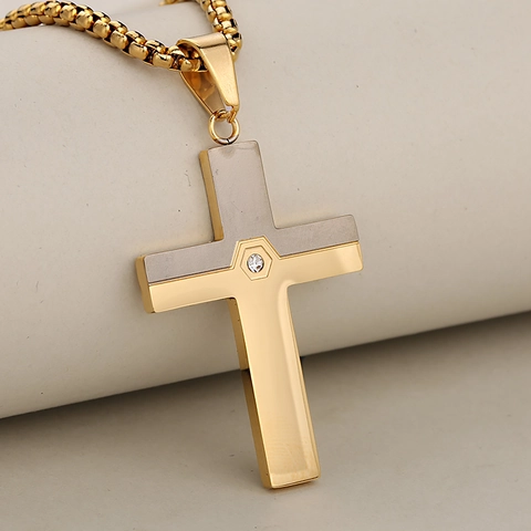 Ciondolo a Croce in Acciaio Inossidabile Con Zirconia Design Bicolore Oro Argento Nero Gioielli da Uomo Solo Ciondolo Senza Catena