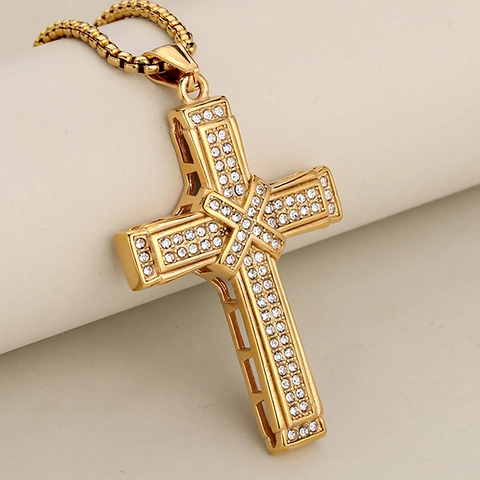 Iced Out Roestvrij Staal Kruis Hanger Ketting Voor Mannen Vrouwen Hip Hop Strass Religieuze Sieraden Goud Zilver Zwart Afwerking