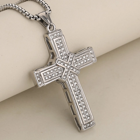 Iced Out Roestvrij Staal Kruis Hanger Ketting Voor Mannen Vrouwen Hip Hop Strass Religieuze Sieraden Goud Zilver Zwart Afwerking