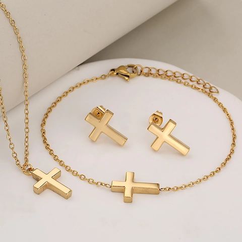 Minimalistisches Edelstahl Kreuz Schmuckset Gold Silber Poliert Halskette Armband Ohrstecker Für Damen Herren Religiöser Mode Schmuck Geschenk