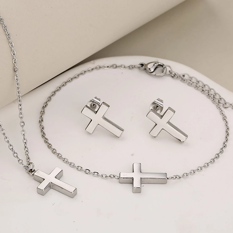 Minimalistisches Edelstahl Kreuz Schmuckset Gold Silber Poliert Halskette Armband Ohrstecker Für Damen Herren Religiöser Mode Schmuck Geschenk