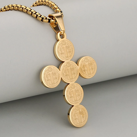 Stainless Steel Saint Benedict Medal Cross Pendant Necklace Vintage Religious Amulet For Men Women Hip Hop Jewelry Gift