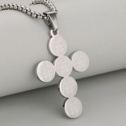 Stainless Steel Saint Benedict Medal Cross Pendant Necklace Vintage Religious Amulet For Men Women Hip Hop Jewelry Gift