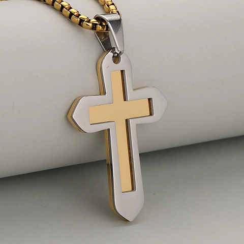 Collier avec Pendentif Croix Double Couche en Acier Inoxydable Homme Femme Or Argent Noir Bijoux de Mode Religieux