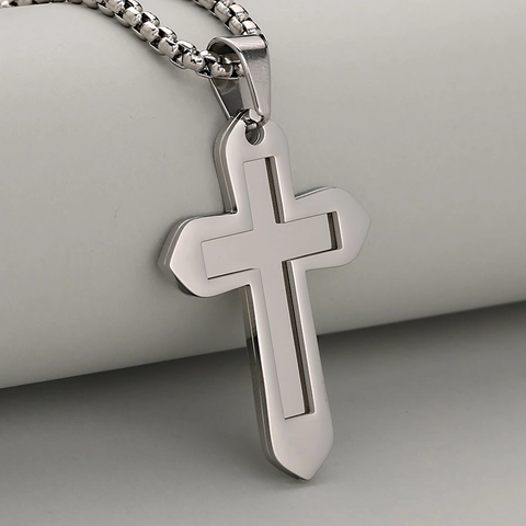 Collier avec Pendentif Croix Double Couche en Acier Inoxydable Homme Femme Or Argent Noir Bijoux de Mode Religieux