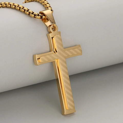 Retro Striped Stainless Steel Double Layer Cross Pendant Necklace Gold Silver Fashion 3D Geometric Jewelry For Men Women