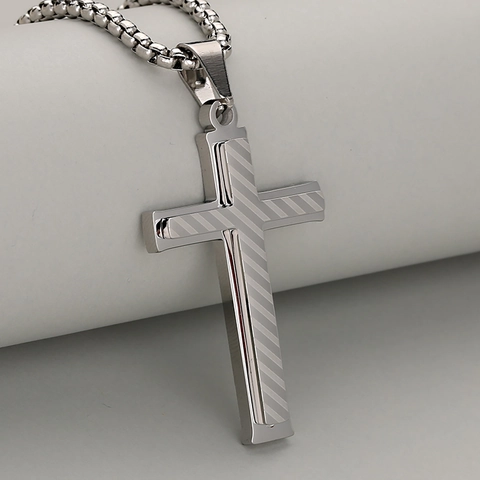 Retro Striped Stainless Steel Double Layer Cross Pendant Necklace Gold Silver Fashion 3D Geometric Jewelry For Men Women