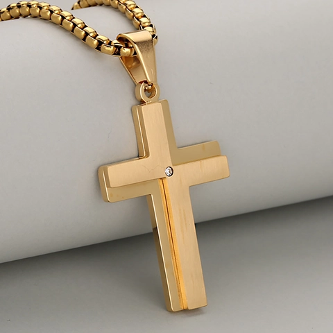 Collar con Colgante de Cruz de Acero Inoxidable para Hombres Mujeres Metal Cepillado Doble Capa Zirconia Joyería Religiosa de Moda Regalo