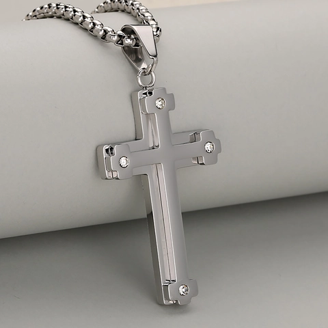 Fashion Stainless Steel Double Layer 3D Cross Pendant Necklace For Men Inlaid Rhinestone Gold Silver Religious Jewelry Gift