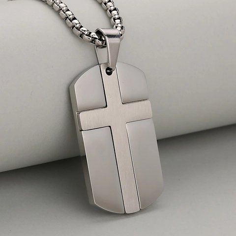 Edelstahl Kreuz Dog Tag Anhänger Halskette Für Herren Religiös Militär Stil Poliert Gebürstet Schmuck Gold Silber Schwarz