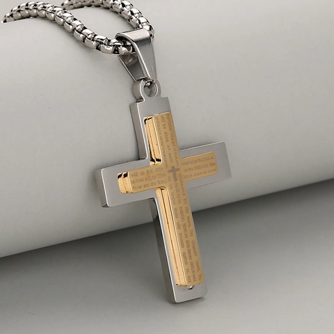 Roestvrijstalen Dubbellaagse Kruis Hanger Halsketting Met Onze Vader Gravure Vintage Religieuze Sieraden Voor Mannen Vrouwen