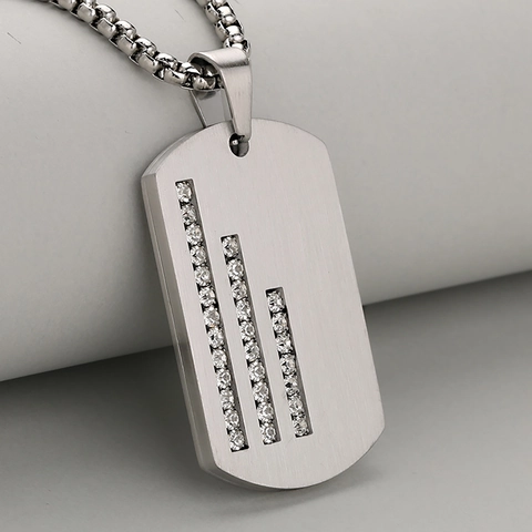 Hip Hop Stainless Steel Dog Tag Pendant Necklace For Men Zirconia Inlaid Brushed Luxury Fashion Jewelry Accessory