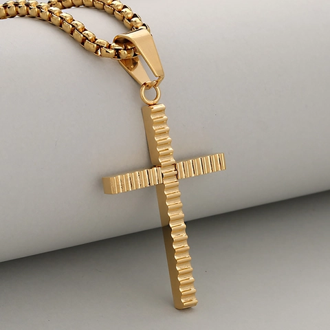 Collar con Colgante de Cruz de Acero Inoxidable de Moda para Hombre Textura de Onda Minimalista Joyas de Cadena de Caja Oro Plata Negro