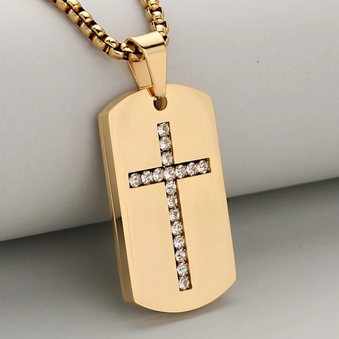 Roestvrij Staal Kruis Dog Tag Hanger Halsketting Voor Heren Dames Iced Out Zirconia Religieuze Sieraden Goud Zilver Zwart