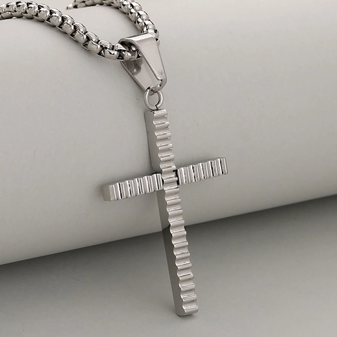 Collar con Colgante de Cruz de Acero Inoxidable de Moda para Hombre Textura de Onda Minimalista Joyas de Cadena de Caja Oro Plata Negro