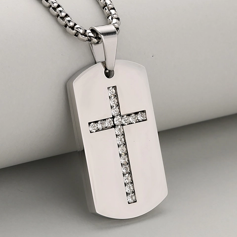 Roestvrij Staal Kruis Dog Tag Hanger Halsketting Voor Heren Dames Iced Out Zirconia Religieuze Sieraden Goud Zilver Zwart