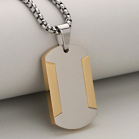 Collana con Pendente a Piastrina Militare in Acciaio Inossidabile da Uomo Piastra Quadrata Geometrica Bicolore Oro Argento Nero