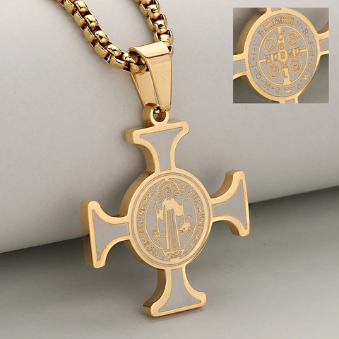 Collier Pendentif Croix de Saint Benoît en Acier Inoxydable Bijoux Médaille de Foi Religieuse Rétro pour Hommes Femmes Cadeau