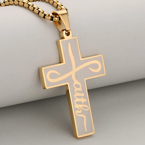 Men's Punk Hip Hop Stainless Steel Faith Cross Pendant Necklace Gold Silver Black Religious Faith Jewelry For Men Gift