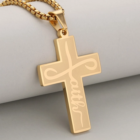 Men's Punk Hip Hop Stainless Steel Faith Cross Pendant Necklace Gold Silver Black Religious Faith Jewelry For Men Gift