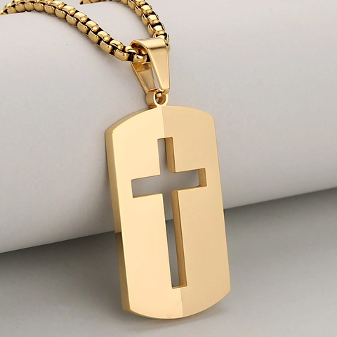 Stainless Steel Hollow Cross Dog Tag Pendant Necklace For Men Trendy Minimalist Hip Hop Religious Jewelry Gold Silver Black