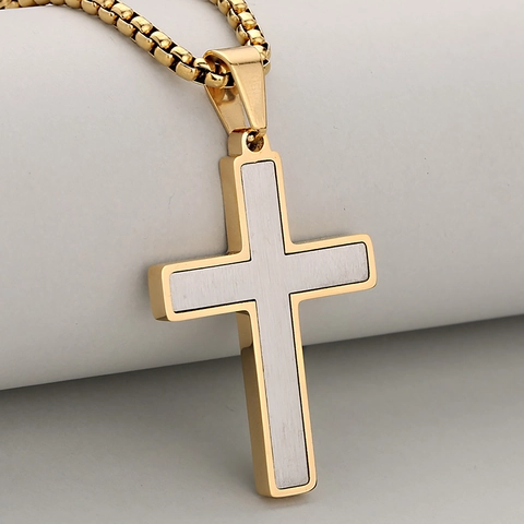 Minimalistische Roestvrijstalen Kruis Hanger Ketting Voor Heren Geborsteld Metaal Dubbellaags Ontwerp Box Ketting Religieuze Sieraden