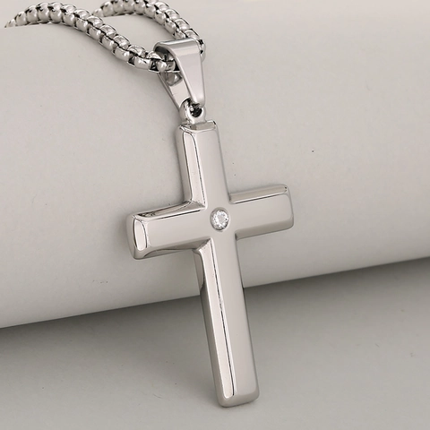 Stainless Steel Cross Pendant Necklace For Men Women Gold Silver Black Inlaid Cubic Zirconia Religious Fashion Jewelry Gift