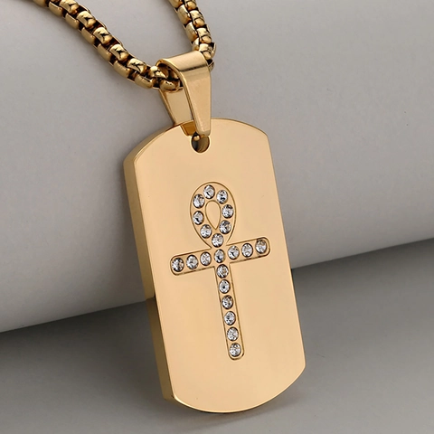 Vintage Ankh Cross Dog Tag Necklace Stainless Steel Egyptian Life Symbol Zirconia Inlaid Pendant Hip Hop Jewelry For Men Women