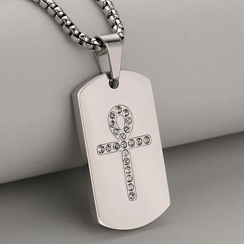 Vintage Ankh Cross Dog Tag Necklace Stainless Steel Egyptian Life Symbol Zirconia Inlaid Pendant Hip Hop Jewelry For Men Women