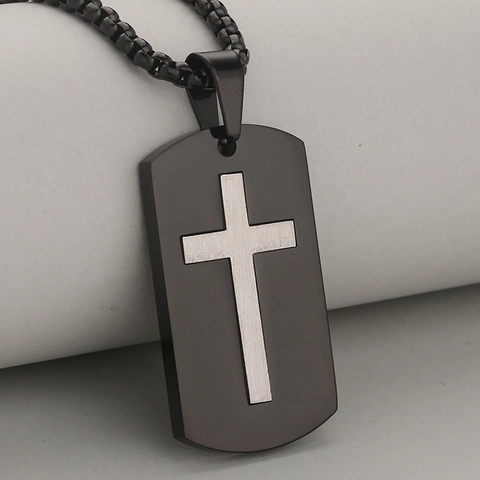 Stainless Steel Cross Dog Tag Pendant Necklace For Men Hip Hop Religious Minimalist Jewelry Gold Silver Black Accessory