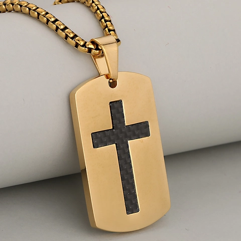 Men Stainless Steel Cross Military Dog Tag Pendant Necklace Carbon Fiber Texture Hip Hop Fashion Jewelry For Daily Gift