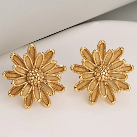 Orecchini a Bottone Margherita in Acciaio Inossidabile 304 per Donna Eleganti Orecchini a Petalo di Fiore a Doppio Strato Gioielli di Moda Galvanizzati Oro Argento Opaco