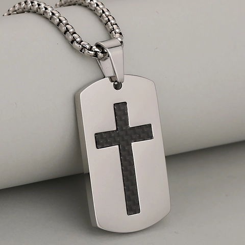 Men Stainless Steel Cross Military Dog Tag Pendant Necklace Carbon Fiber Texture Hip Hop Fashion Jewelry For Daily Gift