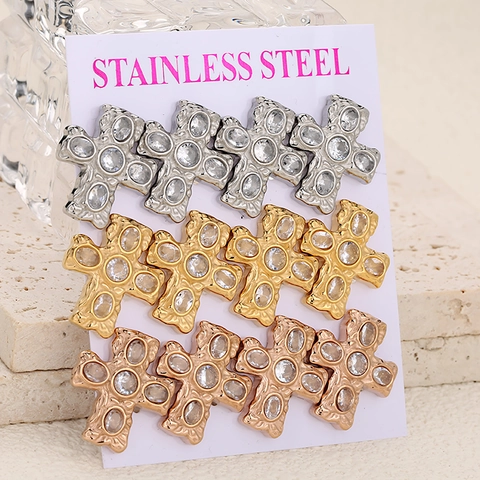 Vintage Boucles d'Oreilles Clous Croix en Acier Inoxydable Avec Zircone Cubique Texture Martelée Bijoux Gothiques Femme Homme Or Argent