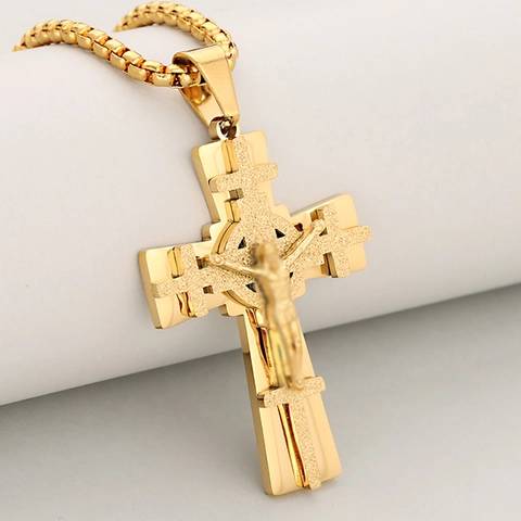 Roestvrijstalen Gelaagde Kruis Hanger Ketting Met Jezus Reliëf Mat Gepolijst Religieuze Kruzifix Sieraden Voor Heren Dames
