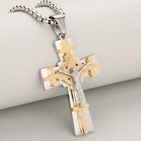 Roestvrijstalen Gelaagde Kruis Hanger Ketting Met Jezus Reliëf Mat Gepolijst Religieuze Kruzifix Sieraden Voor Heren Dames