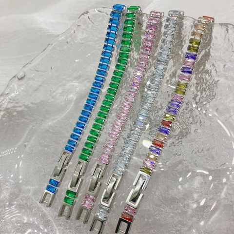 Bracelet de Tennis en Acier Inoxydable Français de Luxe avec Zircone Baguette pour Femme Bijoux de Main Incrustés Cadeau