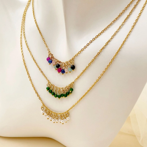 Collier Pendentif en Perles d'Acier Inoxydable Bohème pour Femmes Plaqué Or Cristal Perle Ras de Cou Chaîne Fine