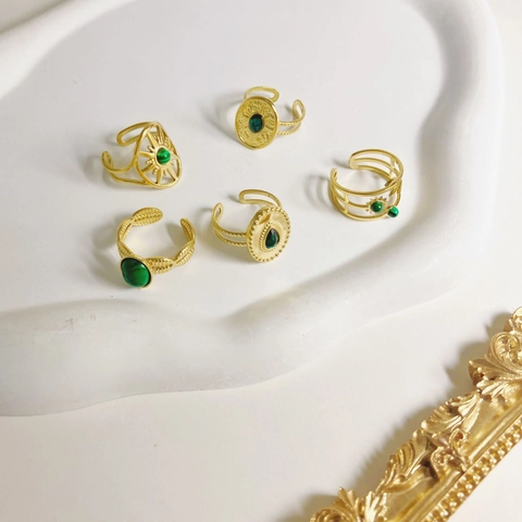 Bagues Ouvertes en Acier Inoxydable Vintage pour Femmes Pierre Malachite Verte Soleil Lune Étoile Bague Réglable Bijoux