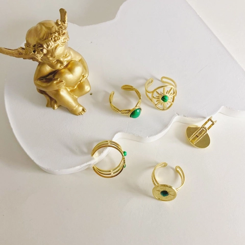 Bagues Ouvertes en Acier Inoxydable Vintage pour Femmes Pierre Malachite Verte Soleil Lune Étoile Bague Réglable Bijoux