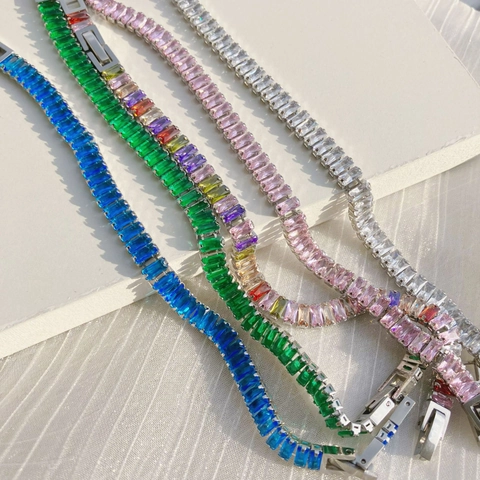Bracelet de Tennis en Acier Inoxydable Français de Luxe avec Zircone Baguette pour Femme Bijoux de Main Incrustés Cadeau